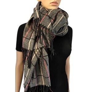Gray and Black Plaid Scarf with Fringe